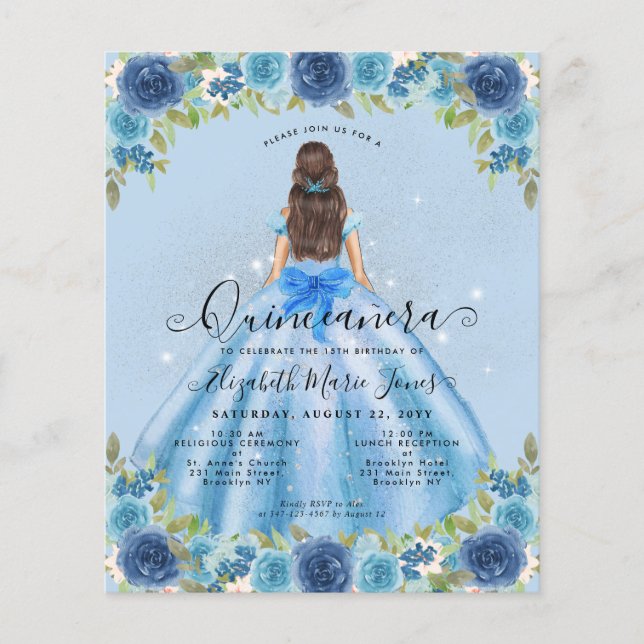 Papier Budget Floral Dusty Blue Grey Princess Quinceanera (Devant)