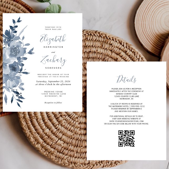 Papier Budget Floral Dusty Blue QR Code Mariage Invitatio (Créateur téléchargé)