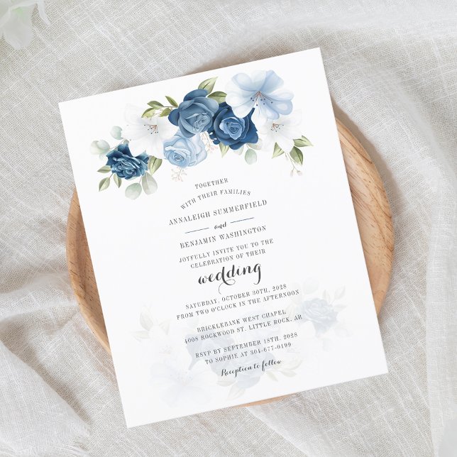 Papier Budget Floral Dusty Blue Script Faire-part de mari (Elegant Dusty Blue Floral Script Wedding Invitation)