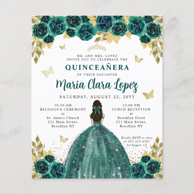 Papier Budget Floral Emerald Gold Princess Quinceanera (Devant)