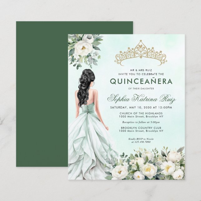 Papier Budget Floral Emerald Green Princess Quinceañera (Devant / Derrière)