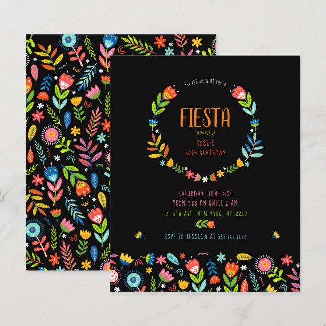 Papier Budget Floral Fiesta Invitations Anniversaire (Devant / Derrière)