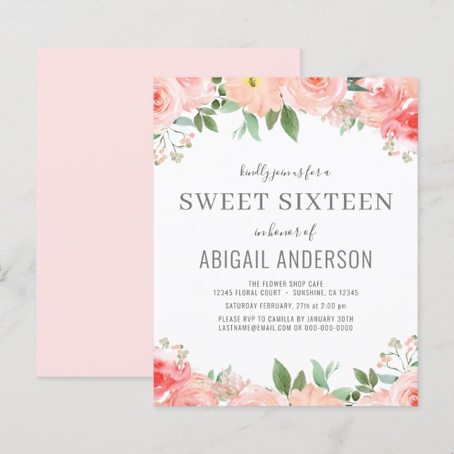 Papier Budget Floral Girly Sweet 16 Anniversaire Invitati (Devant / Derrière)