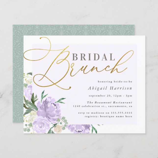 Papier Budget Floral Gold Script Lavender Bridal Brunch (Devant / Derrière)