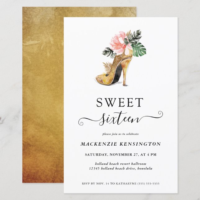 Papier Budget Floral Gold talons doux 16 Anniversaire (Devant / Derrière)