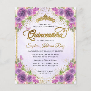 Papier Budget Floral Lumière Purple Or Tiara Quinceañera