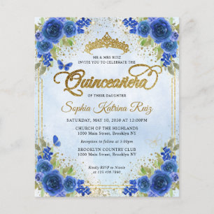 Papier Budget Floral Marine Bleu Or Tiara Quinceañera