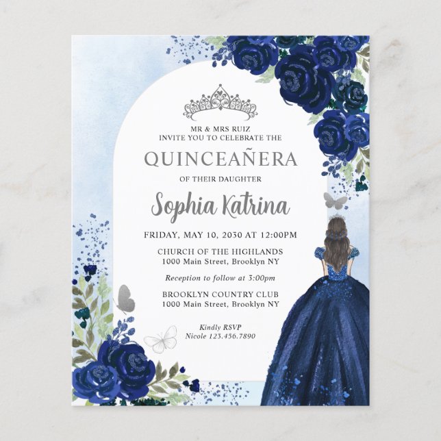 Papier Budget Floral Marine Blue Grey Princess Quinceaner (Devant)