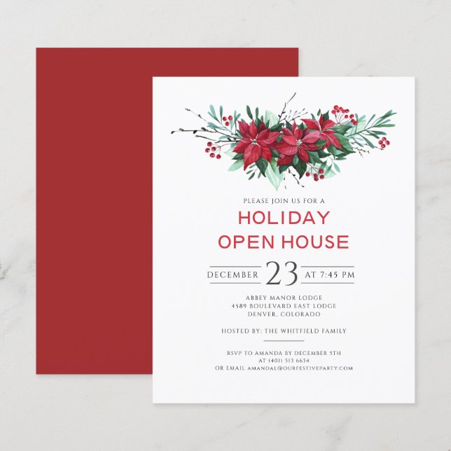 Papier Budget Floral Noël Open House Invitation (Devant / Derrière)