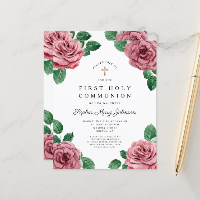 Papier Budget Floral Peonies Religieux Première Communion (Devant/Arrière en situation)