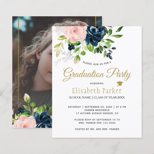 Papier Budget floral photo fête de graduation Invitation (Devant / Derrière)