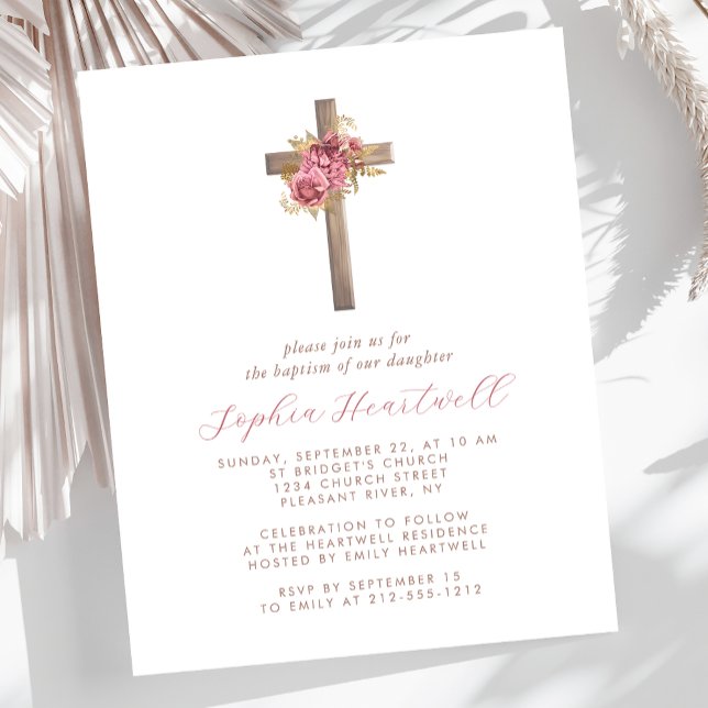 Papier Budget Floral Pink Gold Cross fille Invitation Bap (Créateur téléchargé)