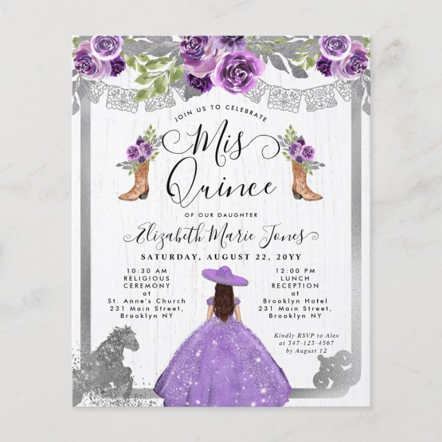 Papier Budget Floral Purple Argent Charra Quinceanera (Devant)