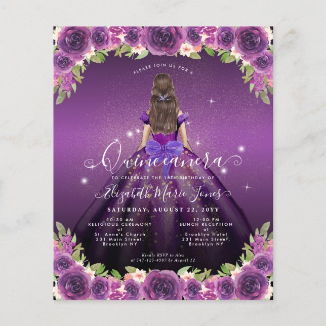 Papier Budget Floral Purple Gold Princess Quinceanera (Devant)