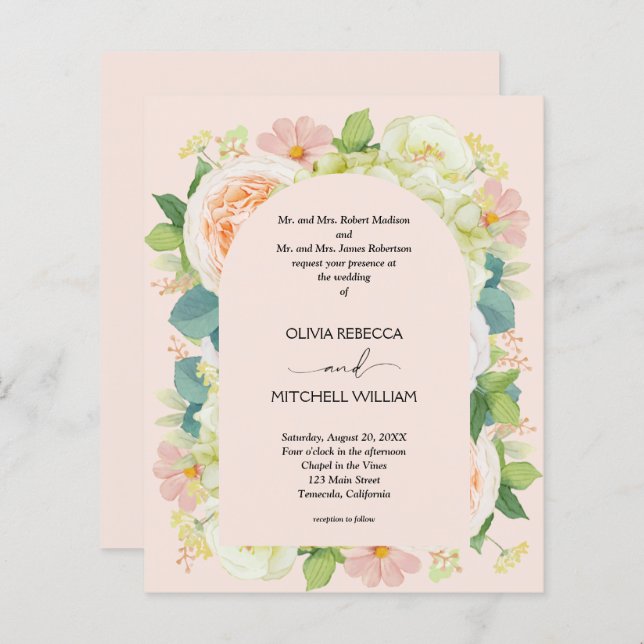 Papier Budget Floral QR Code de mariage Invitations (Devant / Derrière)