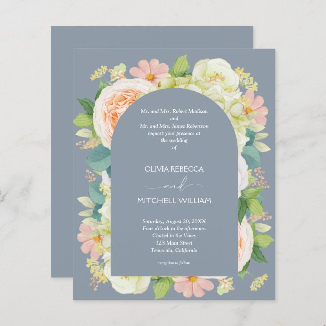 Papier Budget Floral QR Code Dusty Blue Wedding Invite (Devant / Derrière)