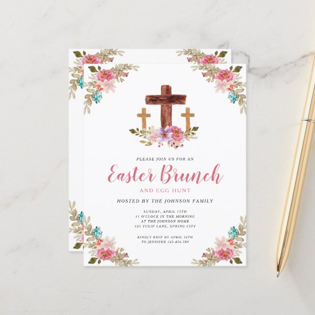 Papier Budget Floral Religieux Croix Pâques Brunch Invita (Devant/Arrière en situation)