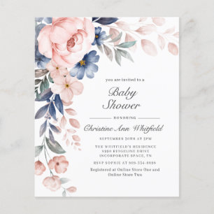 Papier Budget Floral Rose Baby shower bleu Invitation