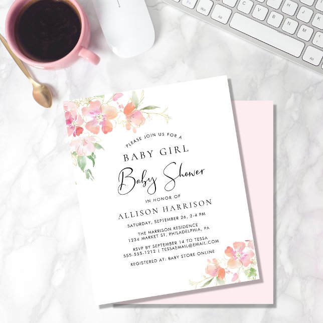 Papier Budget Floral rose bébé fille douche Invitation (Créateur téléchargé)