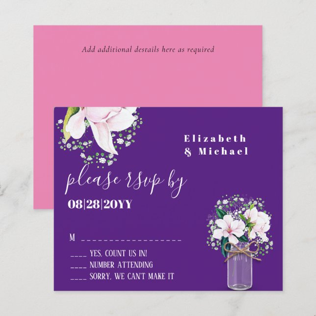 Papier BUDGET Floral rose Magnolias Violet Mariage RSVP (Devant / Derrière)