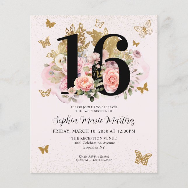 Papier Budget Floral Rose or papillon doux 16 Partie (Devant)