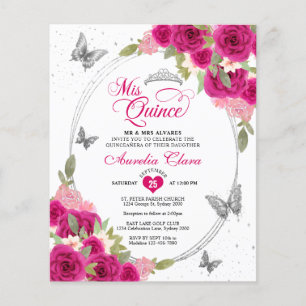Papier BUDGET Floral rose papillon en argent Quinceañera