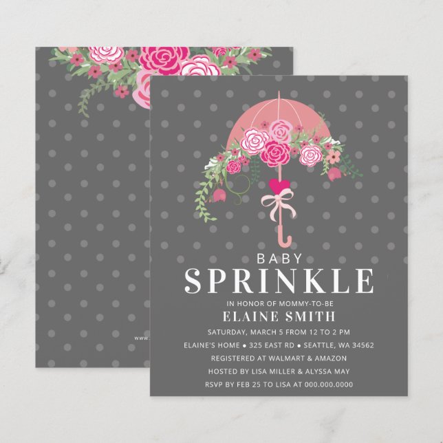 Papier Budget Floral rose parapluie Baby shower Invitatio (Devant / Derrière)