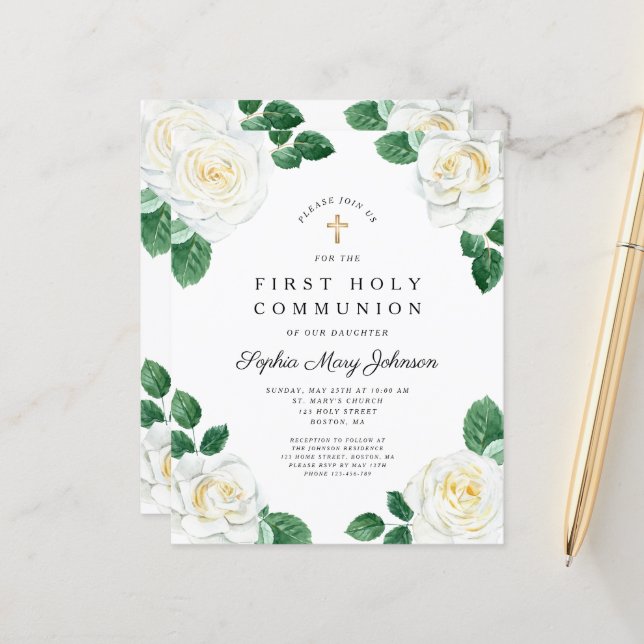 Papier Budget Floral Roses Blanches Fille Première Commun (Devant/Arrière en situation)