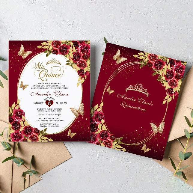 Papier BUDGET Floral Rouge Or Tiara Butterfly Quinceañera (Créateur téléchargé)