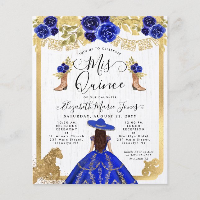 Papier Budget Floral Royal Blue Gold Charra Quinceanera (Devant)