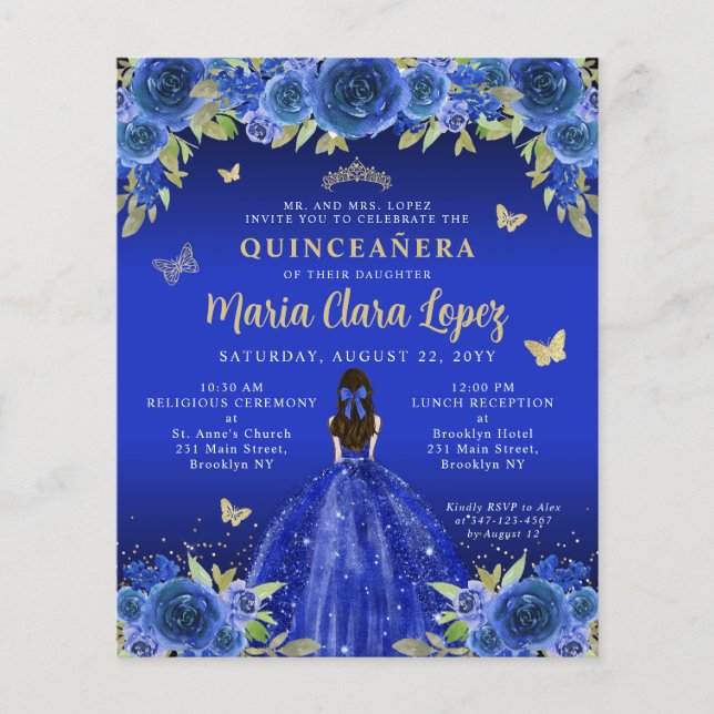 Papier Budget Floral Royal Blue Gold Princess Quinceanera (Devant)
