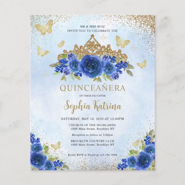 Papier Budget Floral Royal Blue Gold Tiara Quinceañera (Devant)
