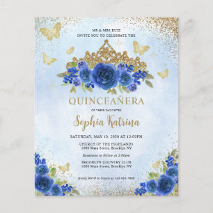 Papier Budget Floral Royal Blue Gold Tiara Quinceañera