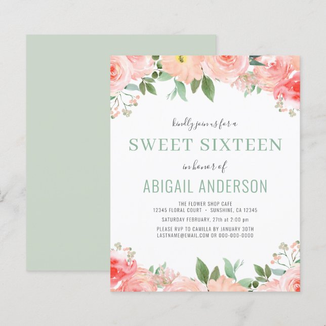Papier Budget Floral Sage Sweet 16 Anniversaire Invitatio (Devant / Derrière)