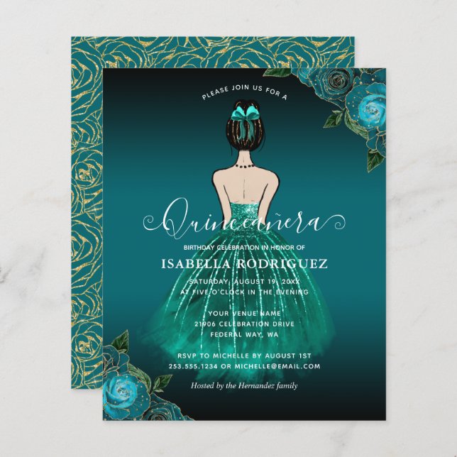 Papier Budget Floral Turquoise Princesse Or Quinceañera (Devant / Derrière)