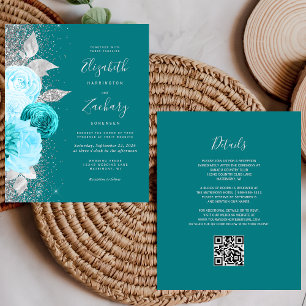 Papier Budget Floral Turquoise Silver QR Code Mariage