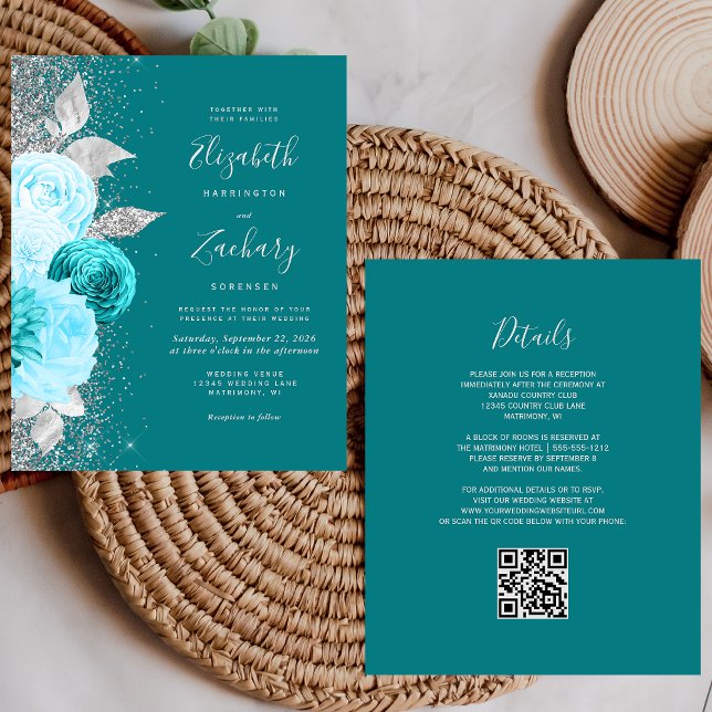 Papier Budget Floral Turquoise Silver QR Code Mariage (Créateur téléchargé)