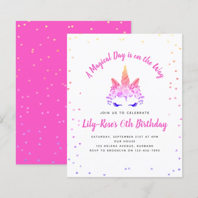 Papier BUDGET Floral Unicorn Visage Anniversaire Invitati (Devant / Derrière)