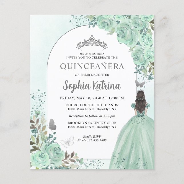 Papier Budget Floral Vert Argent Princesse Quinceanera (Devant)