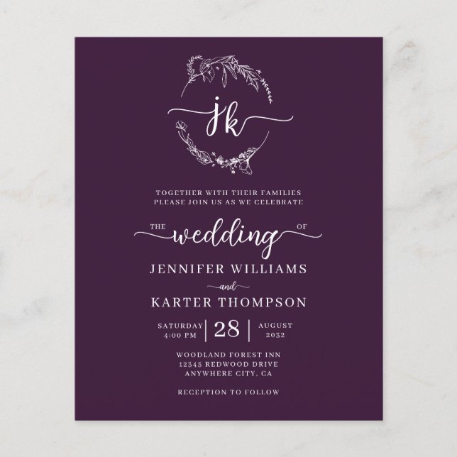Papier BUDGET Floral violet Monogramme photo Mariage (Devant)