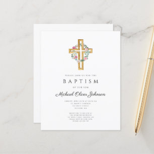 Papier Budget Floral Wreath Cross Baptism Invitation