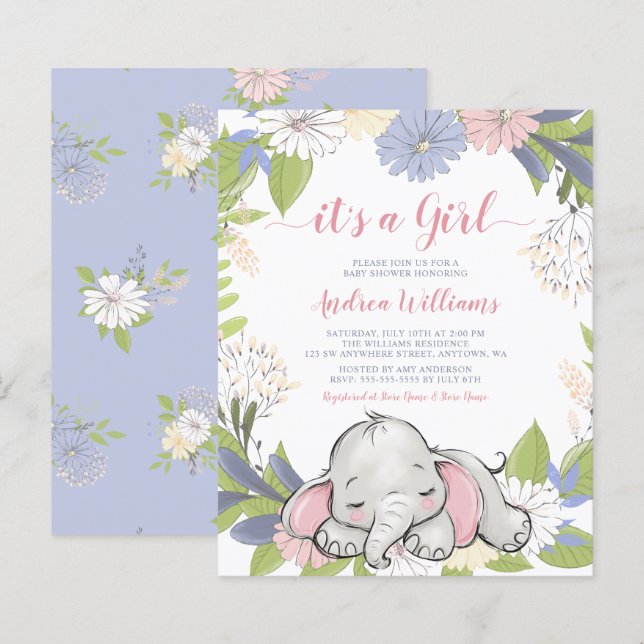 Papier Budget Floral Wreath Elephant Girl Baby shower (Devant / Derrière)