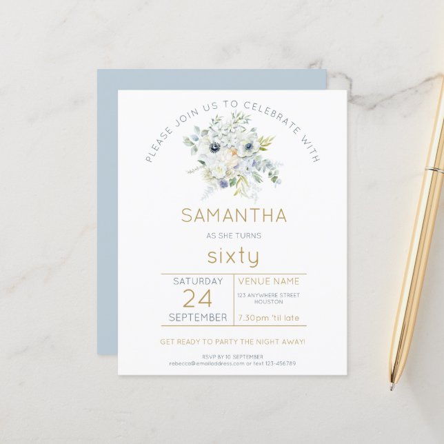 Papier Budget Florals 60e Anniversaire Fête Invitation (Devant/Arrière en situation)