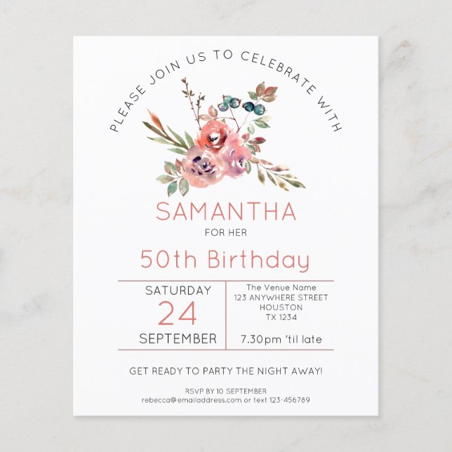 Papier Budget Florals Coral rose 50e anniversaire Invitat (Devant)