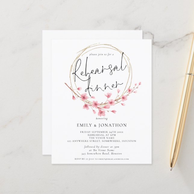 Papier Budget Florals Dîner de répétition Mariage Invitat (Devant/Arrière en situation)