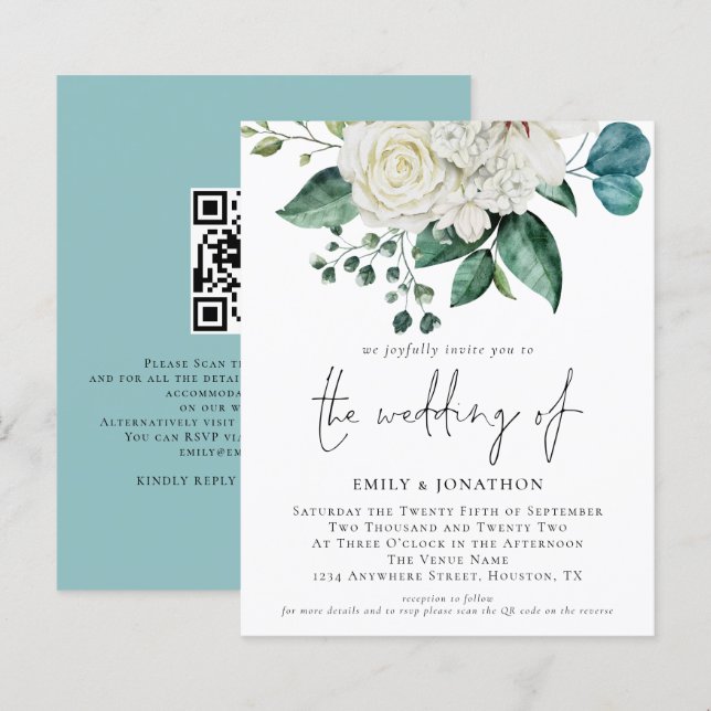 Papier Budget Floraux blancs Eucalyptus Faire-part de mar (Devant / Derrière)