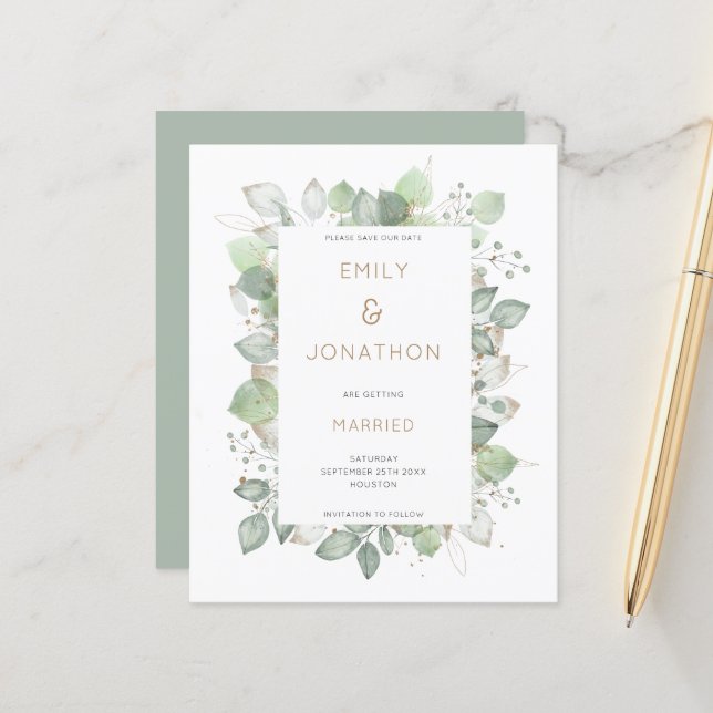 Papier Budget Foliage Frame Sage Mariage Enregistrer la d (Devant/Arrière en situation)