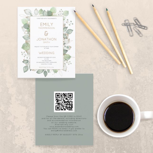 Papier Budget Foliage Gold Sage QR Code Mariage Invitatio (Créateur téléchargé)