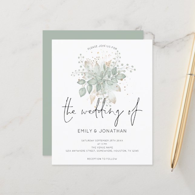 Papier Budget Foliage Sage Green Gold Faire-part de maria (Devant/Arrière en situation)