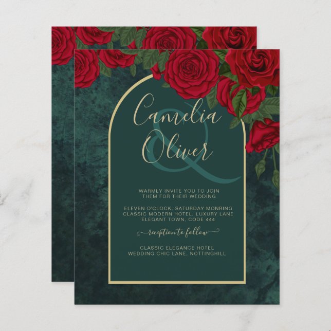 Papier BUDGET ForêtVert ROUGE Roses d'hiver Mariage INVIT (Devant / Derrière)